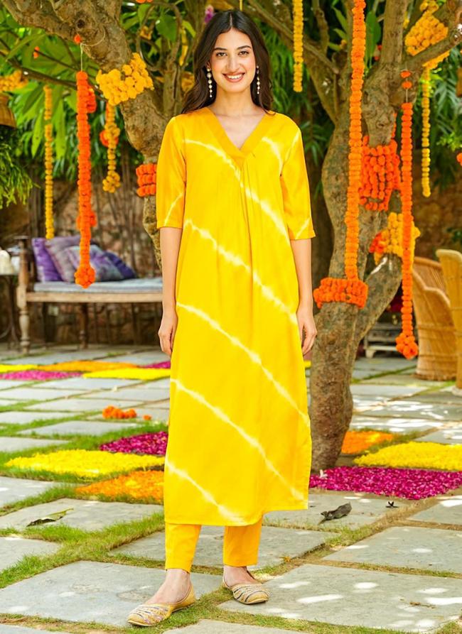 Pure Muslin Yellow Festival Wear Printed Readymade Kurti Set